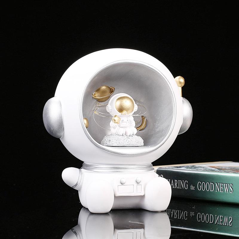 

Night Button Lamp Cell Powered White And Gold Cartoon Cute Astronaut Shaped