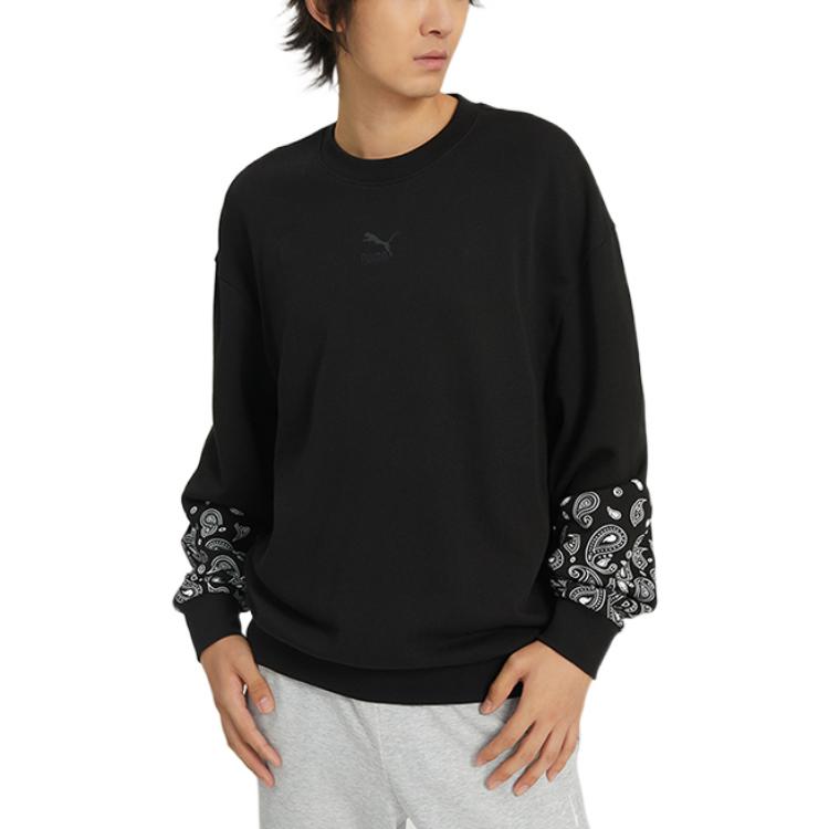 PUMA Logo Print Crew Neck Pullover Sweatshirt Unisex Tops Black 539522-01