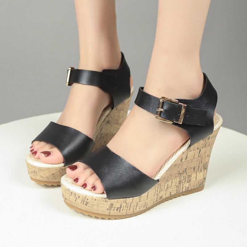 Summer new muffin thick-soled wedge heel women's shoes large size women's one-word buckle fish mouth cool women's shoes