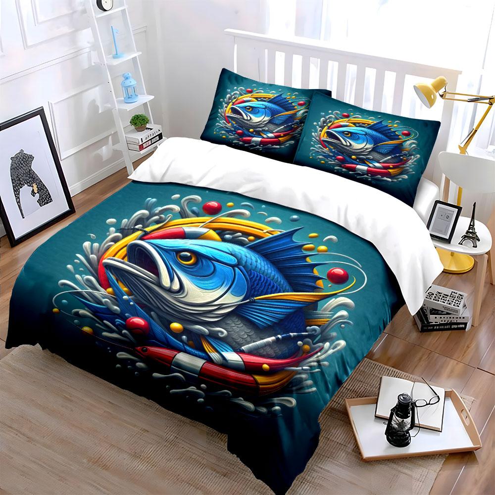Fishing Gear Set Outdoor Essentials Soft Comfortable Duvet Cover Bedding Set Included 1*Duvet Cover & 2*Pillowcases, Gift