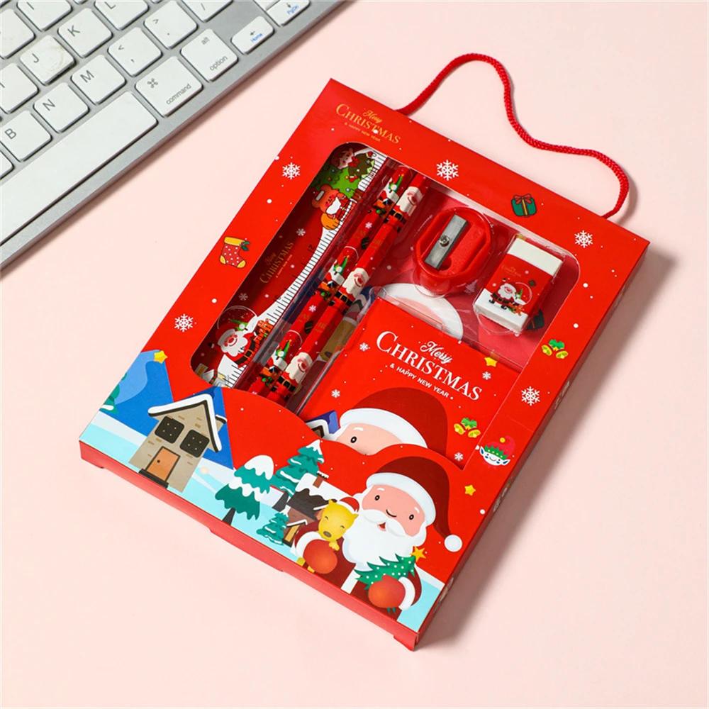 6pcs Christmas Stationery Set Kids Cartoon Pencils Eraser Ruler Memo Pads Pencil Knife Set School Supplies Back To School Gift