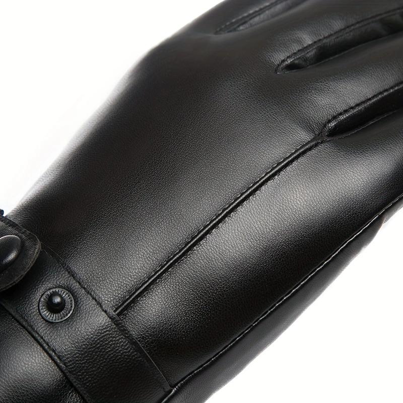 WTEMPO 1 Pair of PU Metal Buckle Touch Screen Cashmere Warm Men's Cold-proof Full Finger Gloves Korean Outdoor Riding Cycling Winter Leather Gloves