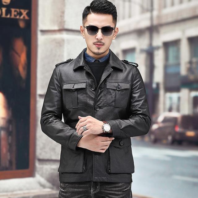 Autumn and Winter New Hunting Suit Genuine Leather Jacket for Men, First-layer Cowhide, Middle-aged Dad's Lapel Jacket