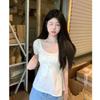 Women's White Square Neck Blouse Short Puff Sleeve Ruffled Trim Button Front Slim Fit Peplum Hem Casual Daily Fashion Top