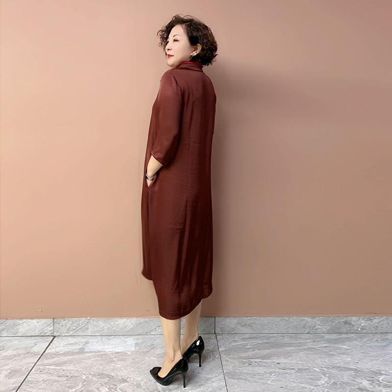 Women’s Silk Dress Summer Lapel Plus-size Dress Solid Color Soft Skin-friendly Breathable Silk Long Dress