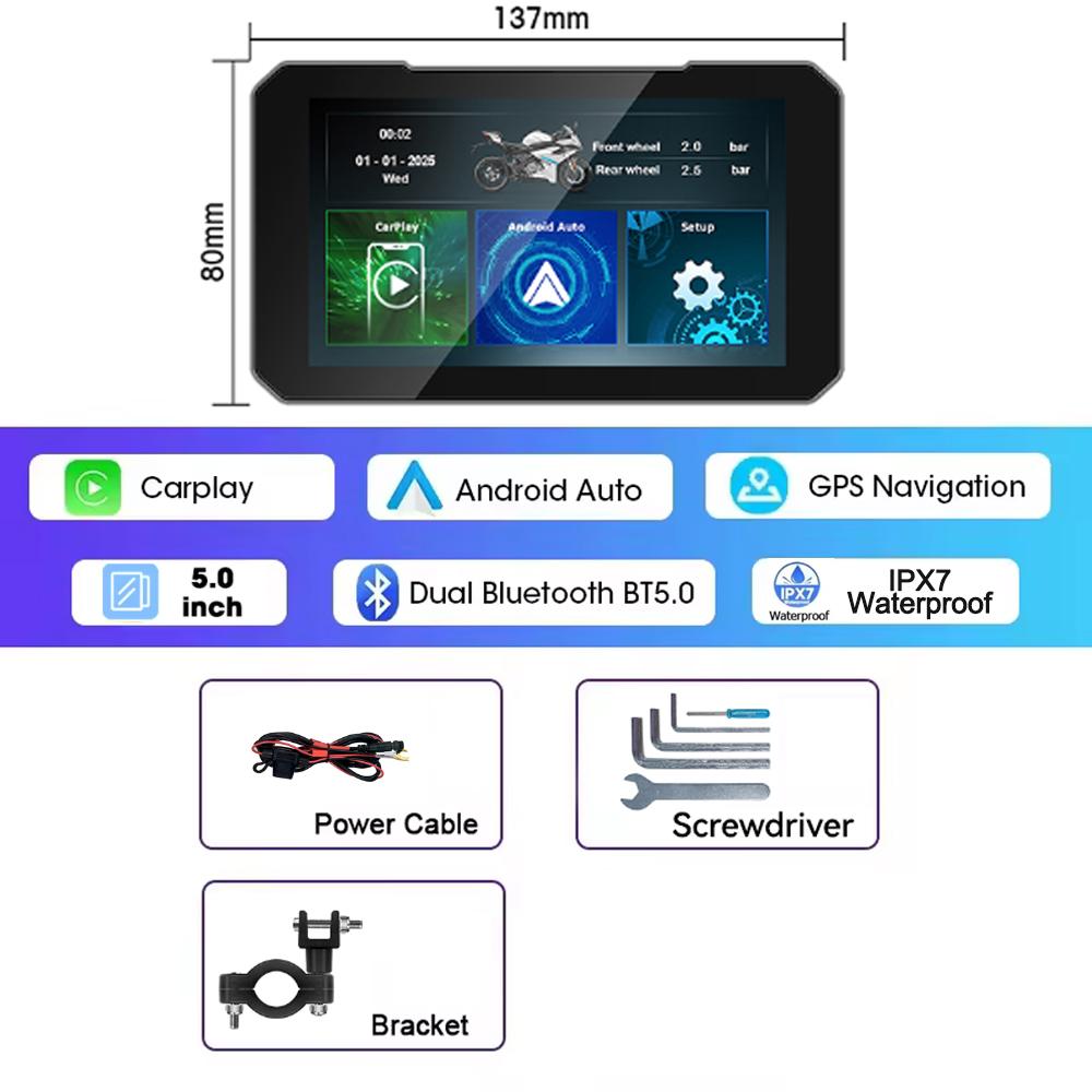 5 Inch Touch Screen Motorcycle CarPlay Screen Support Dual Camera Record with Wireless CarPlay and Android Auto IP67 Waterpr