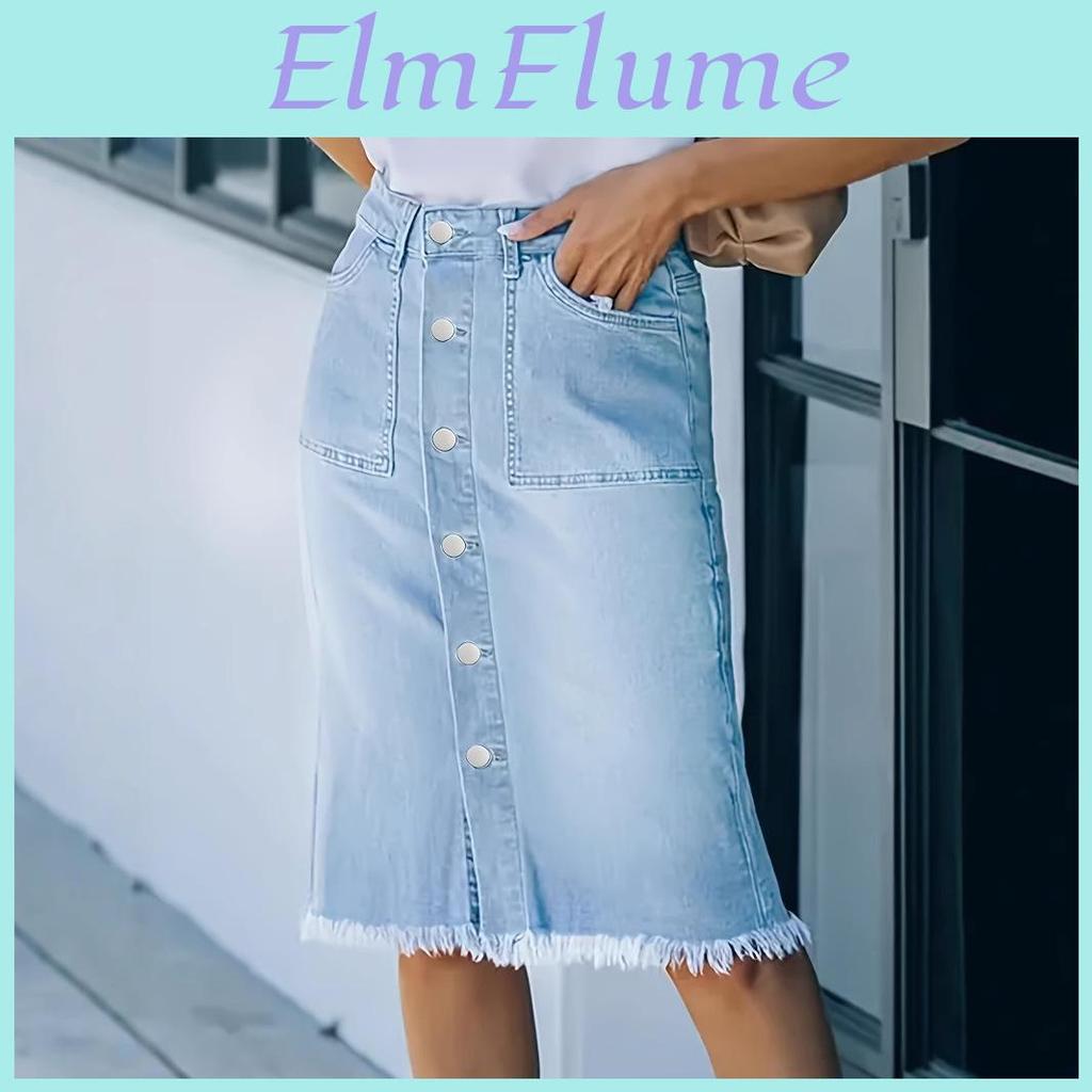 Skirts Women Waist Denim High Button Pockets Knee Length Straight Skirt Faldas Femme