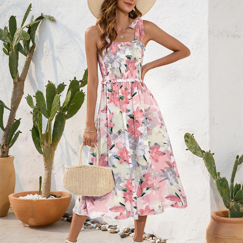 

GMXIA Новое платье на подтяжках с цветочным принтом, летнее платье, повседневное платье для отдыха и путешествий XXL розовый