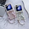 Bling Glitter Lattice Leather Cover with Bowknot Pearl Wrist Chain Strap Bracelet For Samsung Galaxy Z Flip 6 5 4 3 Phone Case