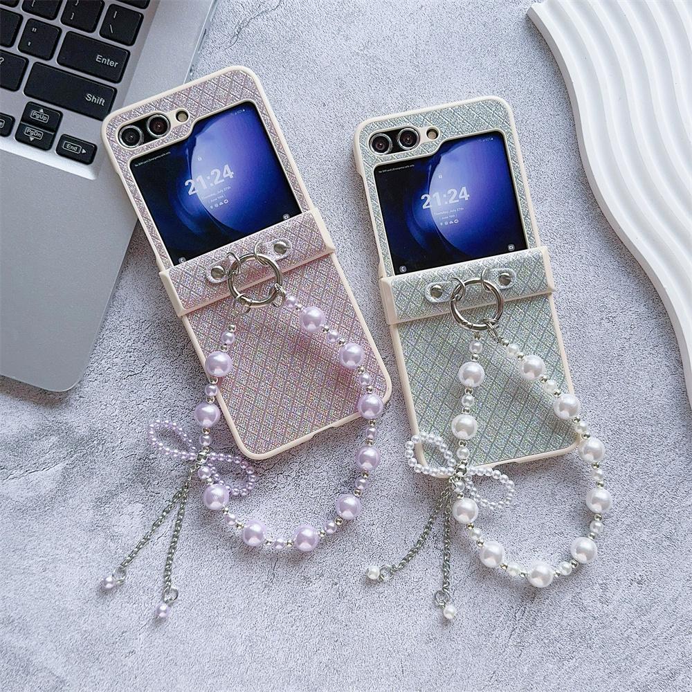 Bling Glitter Lattice Leather Cover with Bowknot Pearl Wrist Chain Strap Bracelet For Samsung Galaxy Z Flip 6 5 4 3 Phone Case