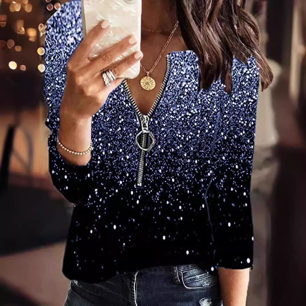 

Женская мода Свободная повседневная рубашка с длинными рукавами на молнии с цветочным принтом и v-образным вырезом Блузки Туники Топы M синий