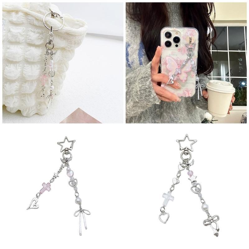 Sweet Cool Girl Beaded Keychain Charm Multifunctional Bead Key Chain with Sweetheart and Winged Crosses Designs