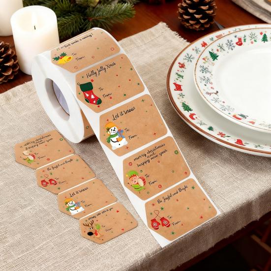 500Pcs/Roll Christmas Gift Tags Cartoon Santa Snowman Reindeer Tree To And from Name Tags DIY Present Box Greeting Card Envelope Self-adhesive Label