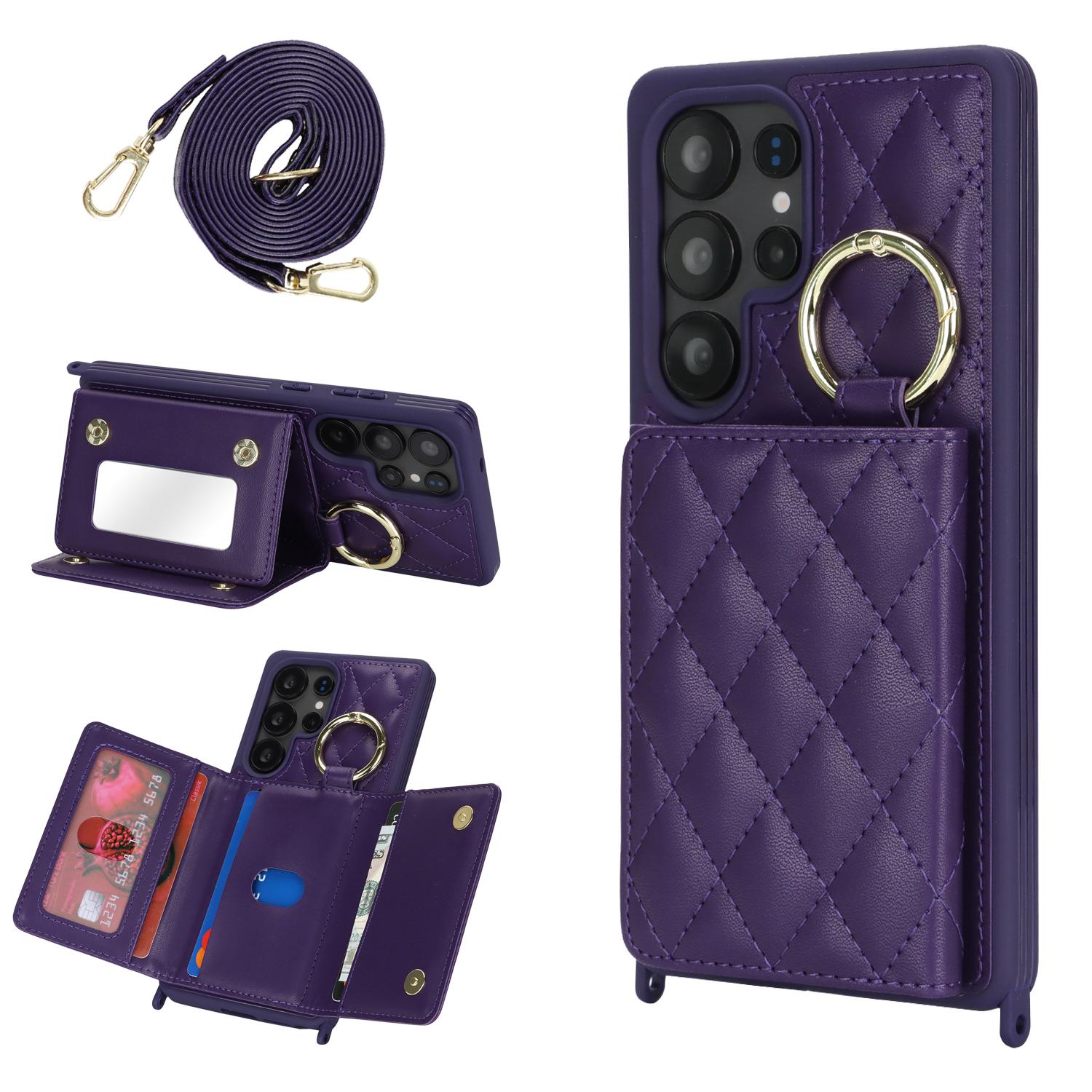 

For Samsung Galaxy S25 Ultra Case with Lanyard/Mirror/Card Holder Grids Pattern RFID Blocking Phone Cover