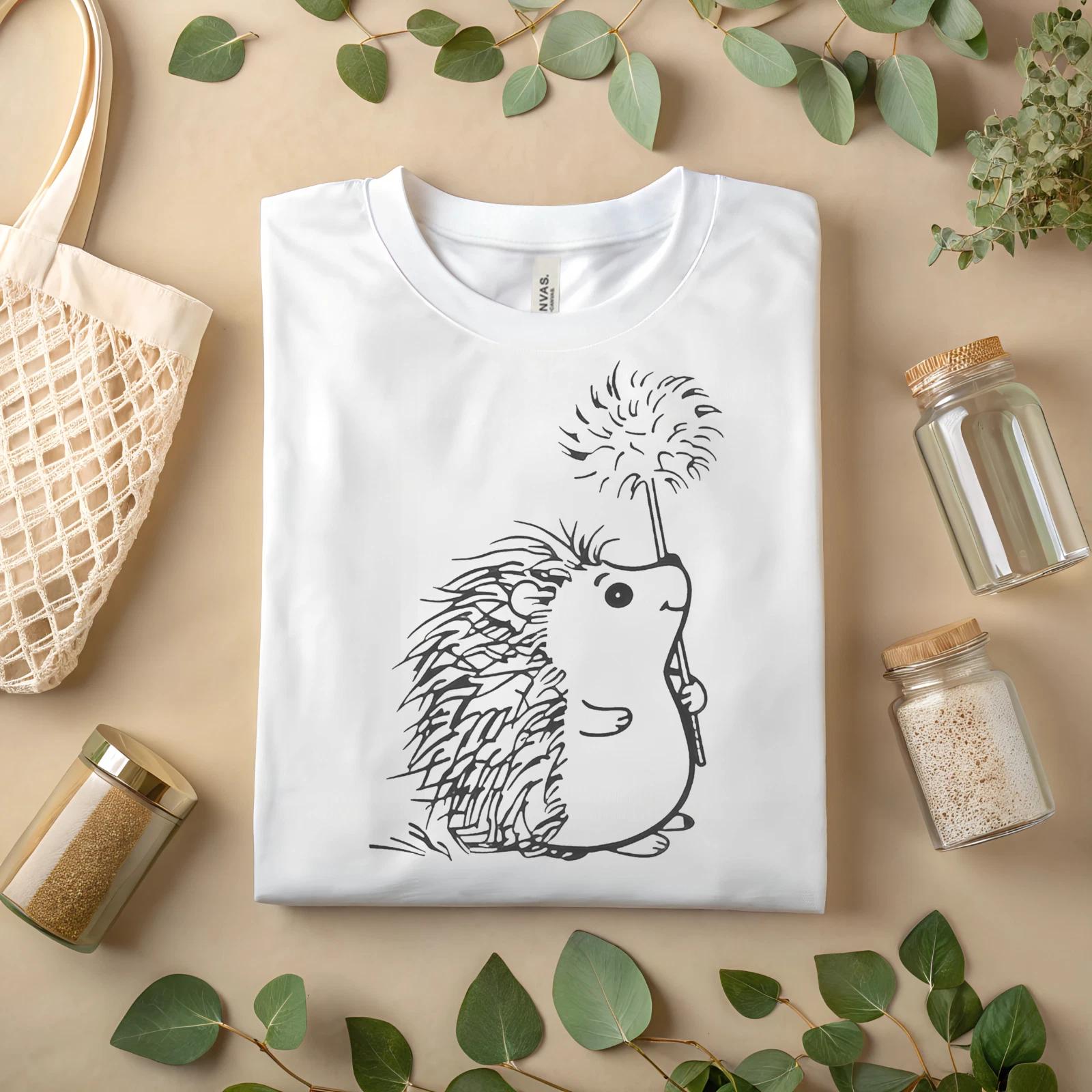 Cute Hedgehog Hand Drawn Cartoon Animal Holding Flower Graphic Tee A153 S