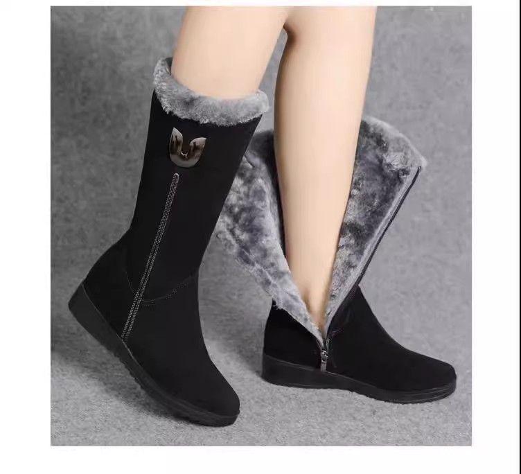 Women's High-Top Mid-Calf Snow Boots, Velvet-Lined, Non-Slip, Lightweight, Warm, Flat Bottom.