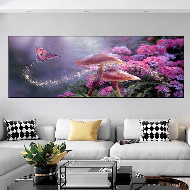 Landscape Butterfly Flower Mushroom Forest Canvas Painting Posters and Prints Wall Art Pictures Living Room Home Decor No Frame