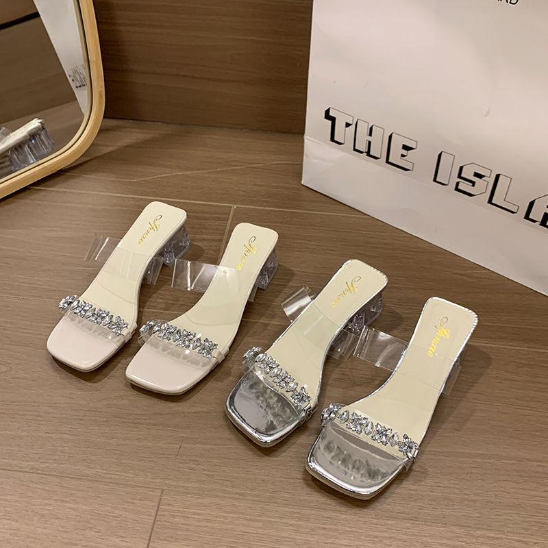 thick heels, high heels, women's cool slippers, transparent crystal 2025 summer new models, not tired to wear, small people are popular
