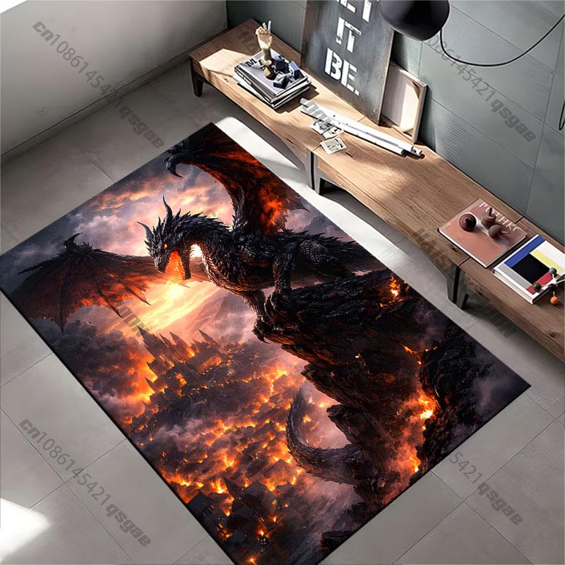 Dragon destruction fire chaos city carpet Yoga living room room decor children's crawling mat doormat area rug games mat