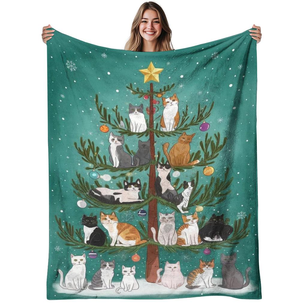 Cat Christmas Tree Flannel Throw Blanket Cute Cats On Xmas Tree Green Winter Holiday Decor Blanket