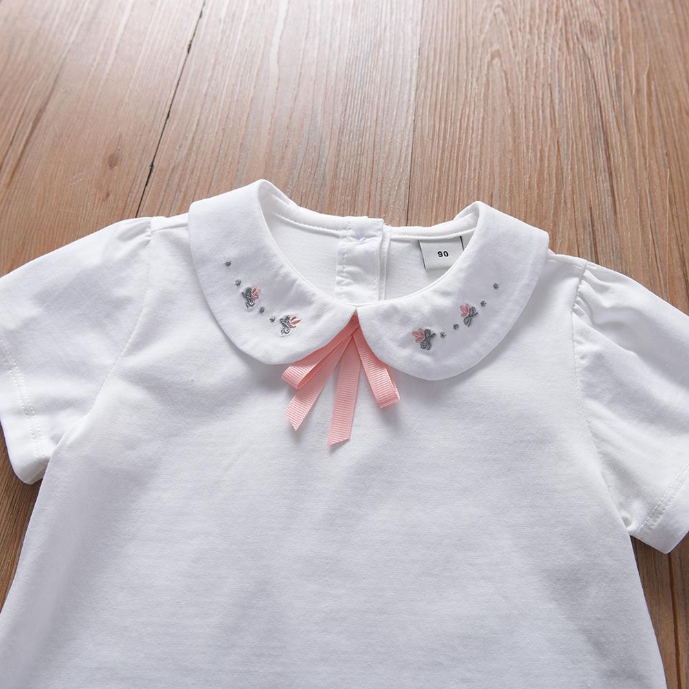 Kids Shirt Embroidered Peter Pan Collar Pink Bow Short Sleeve Summer Clothing for Ages 3-6 Girls