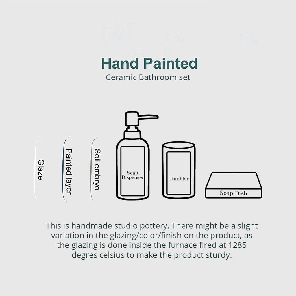 Premium Ceramic Bathroom Accessories Set of 3 | Modern Hand-Painted Bath Set with 300ml Soap Dispenser, Toothbrush Holder & Soap Dish |