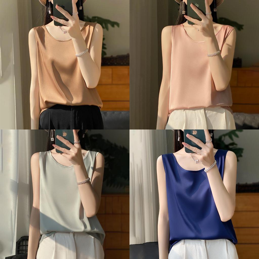 Silk Satin Summer Womens Sleeveless T Shirt With Round Neck For Office Wear