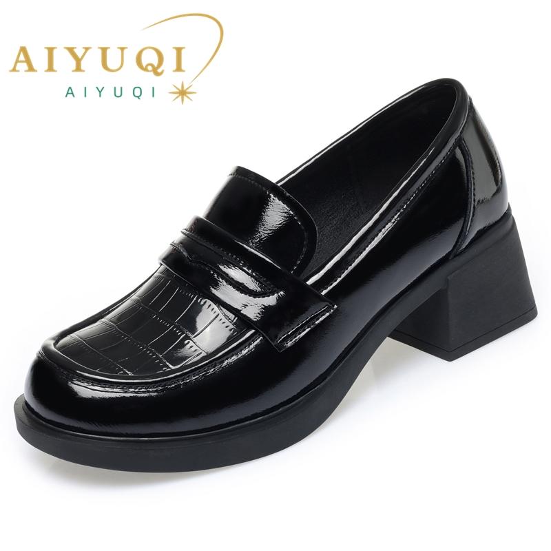 Fashion Women Loafers Non-slip 2024 Thick Heel Casual British Women Spring Shoes Lace-up Genuine Leather Women Shoes Medium Heel
