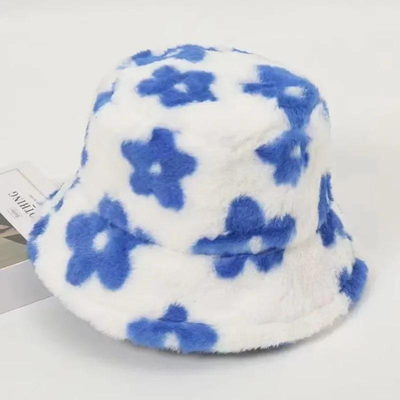 Freizeit Plüsch Niedliche Bucket Caps mit Kleinen Druckblumen,Damen Herbst Winter Sterne Warm Fischerhut Dickes Faux Fur Skullies Mützen