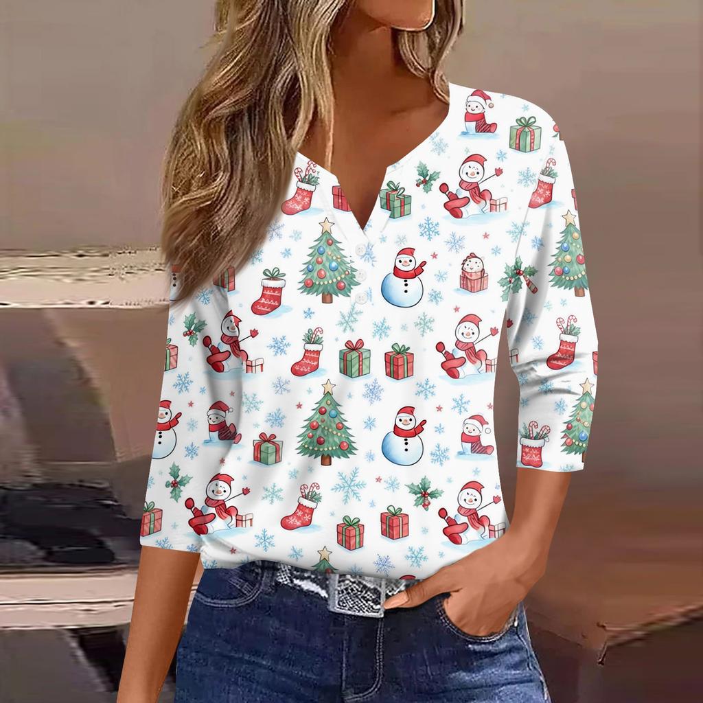 Women's Casual Christmas Print V-Neck 3/4 Sleeve Button T-Shirt