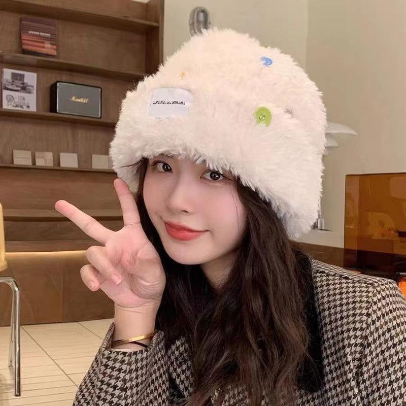 Autumn and winter plush knitted hat women's versatile big head circumference thickened warm wool hat cold-proof and small face hat