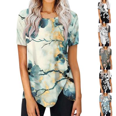 Women's Summer Short Sleeve Round Neck Side Button Print Top