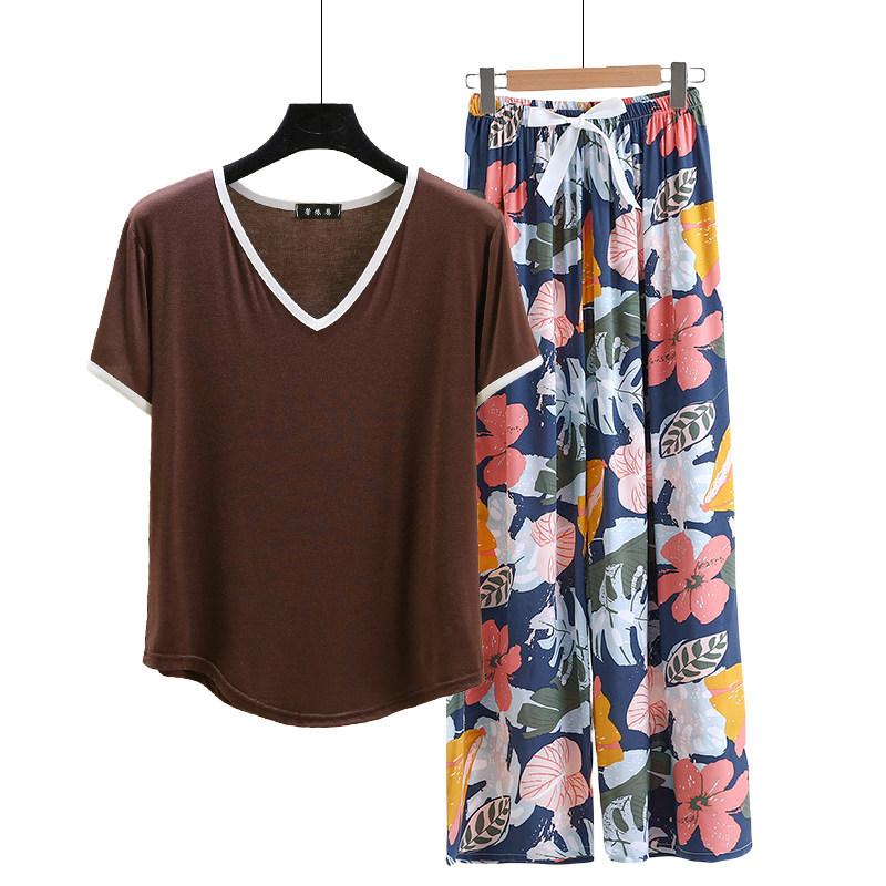 Modal Loungewear V-Neck color-block Tshirt and Floral Wide leg pants Summer Thin Pajamas sets Casual Plus size Homewear 2pcs suit Comfort clothing