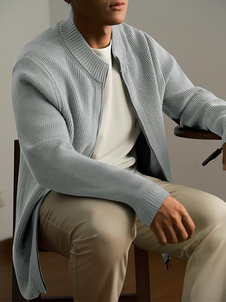 Men's High Neck Double Zipper Cardigan Sweater Jacket - Solid Color, Loose-Fit Knit Top for Autumn and Winter