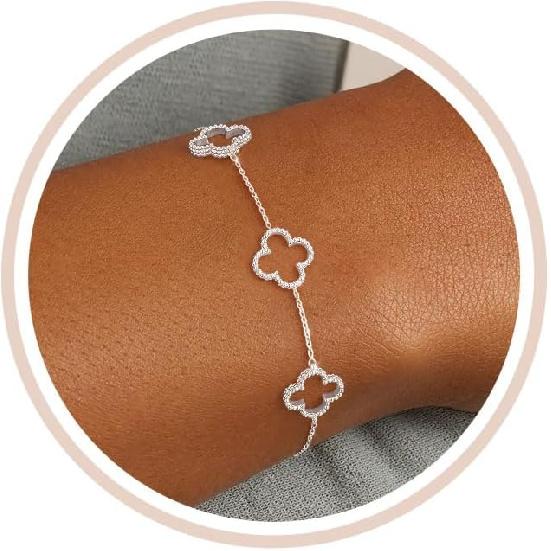 Delicati Braccialetti Argento Oro per Donne alla Moda Non Macchiabili Placcati Oro 14K Carino Braccialetto Quadrifoglio Impilabile Margherita Zirconia Cubica Diamante Braccialetto Charm