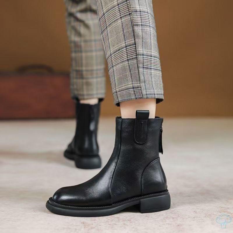 Women's Soft-Soled Genuine Leather Short-Tube Martin Boots, 2025 Autumn/Winter, Plus Velvet, Comfortable Round-Toe, Mid-Heel Chelsea Ankle Boots