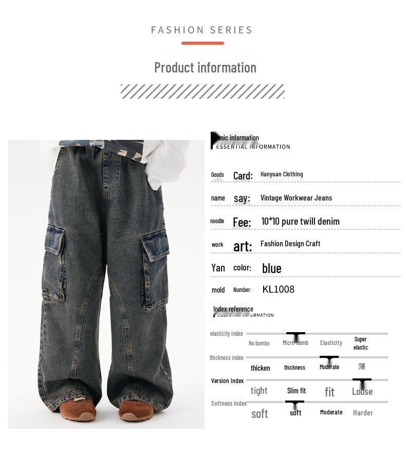 2025 Autumn Kids' Retro Pocket Patchwork Wide-Leg Jeans