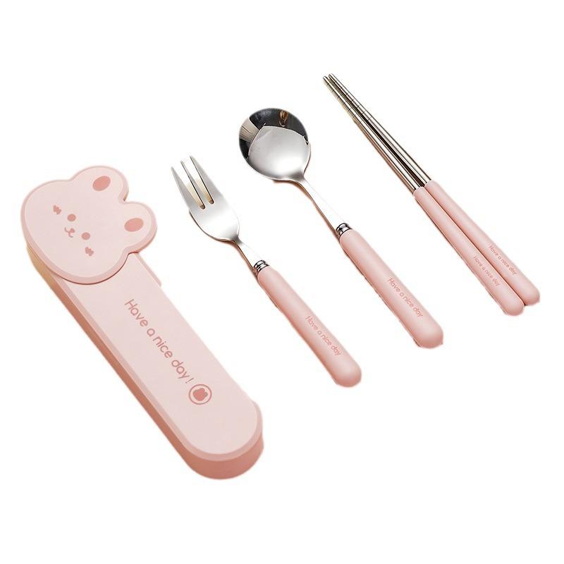 Portable Cartoon Chopsticks Spoons and Forks A Cute Three-piece Set of Children's Tableware for Students and Office Workers To Take Away