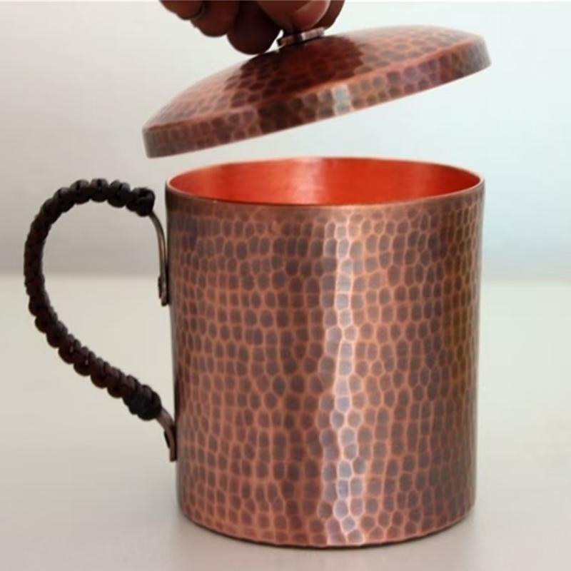 Vintage Red Copper Coffee Cup,Handcrafted Engraving Hammer Texture With lid 500 ml Beer Mug,Woven Handle Tea Cup Tableware