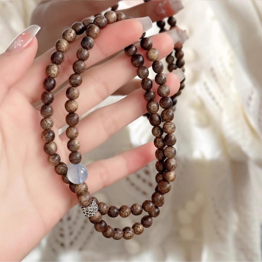 s9Silver agarwood and aquamarine artistic and fresh three-layer bracelet, quiet and elegant