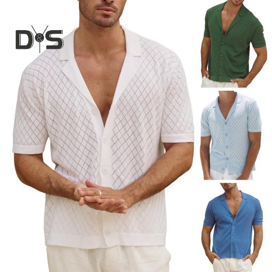 Herren-Jacquard-Strickhemd, kurzärmelig, Button-Down-Oberteil mit kubanischem Kragen, Rautengittermuster, Freizeithemd für den Alltag, Partys, Reisen