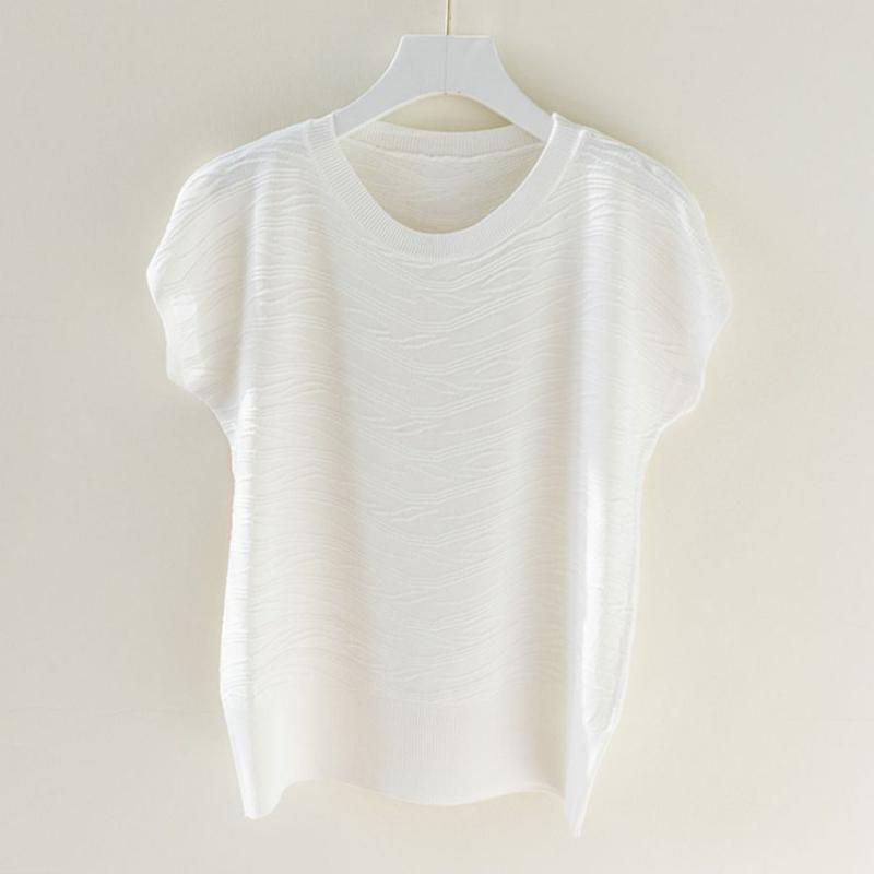 Zomer Ronde Hals IJszijde T-shirt met Korte Mouwen Damesmode Textuur Trui Top