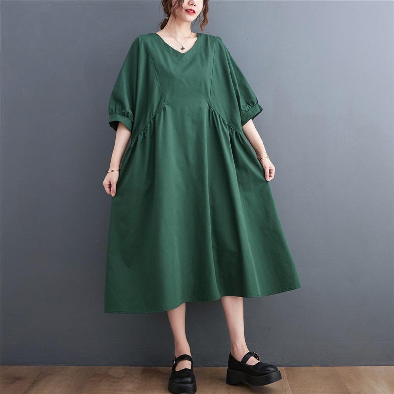 Real Shot Summer New Literary Large Size Loose Splicing Solid Color V-neck Short-sleeved Dress Women's Clothing Medium and Long