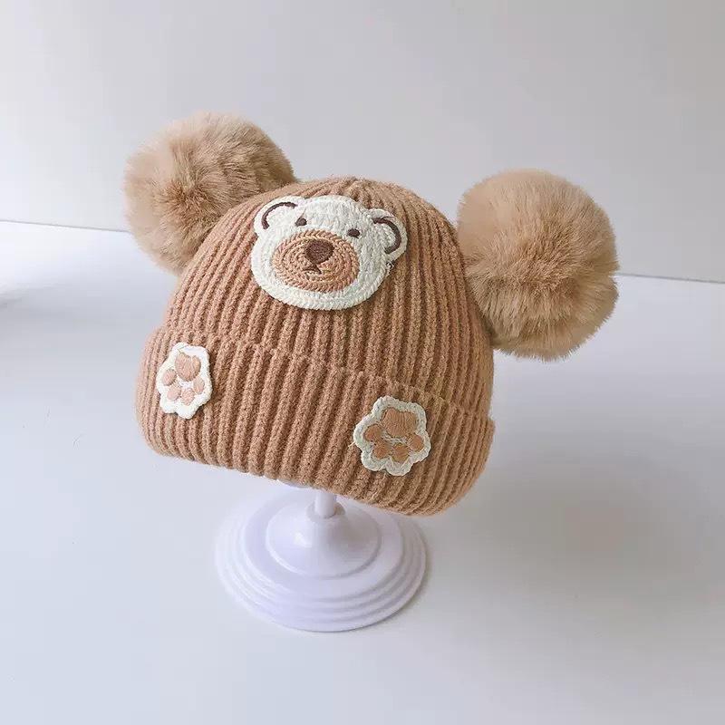 Baby Hat Winter Cute Cartoon Double Ball Wool Hat Boys and Girls Baby Ear Protector Knitted Hat Children's Pullover Hat