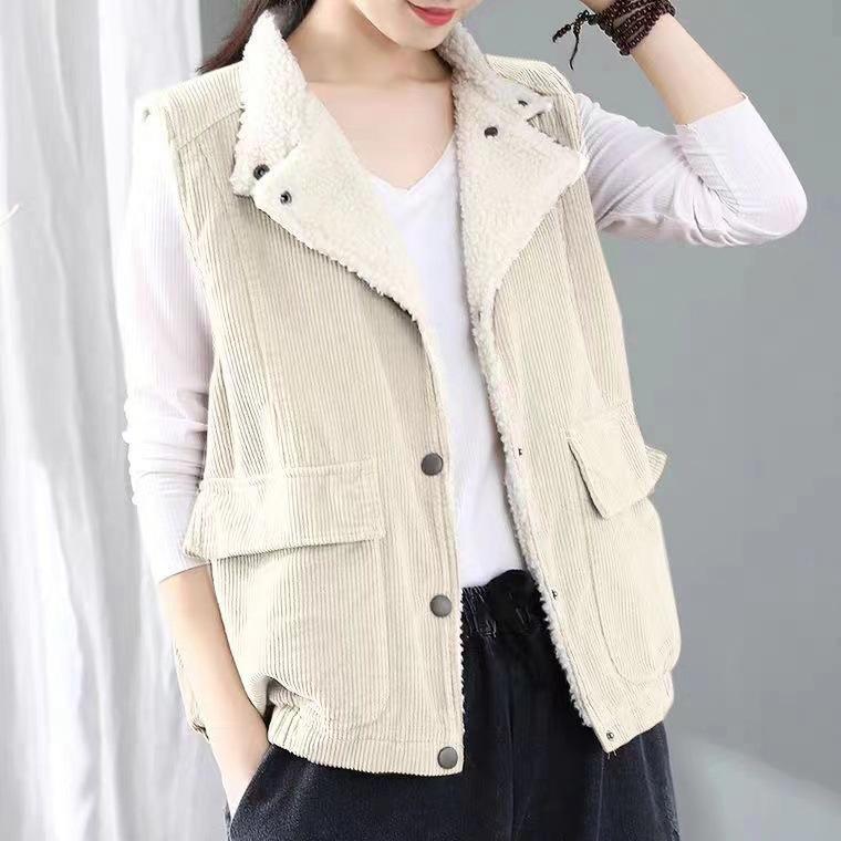 Vintage Corduroy Vest Women's Flocked Lapel Vest Plush Thick Vest Sleeveless Jacket Women's Fleece Vest