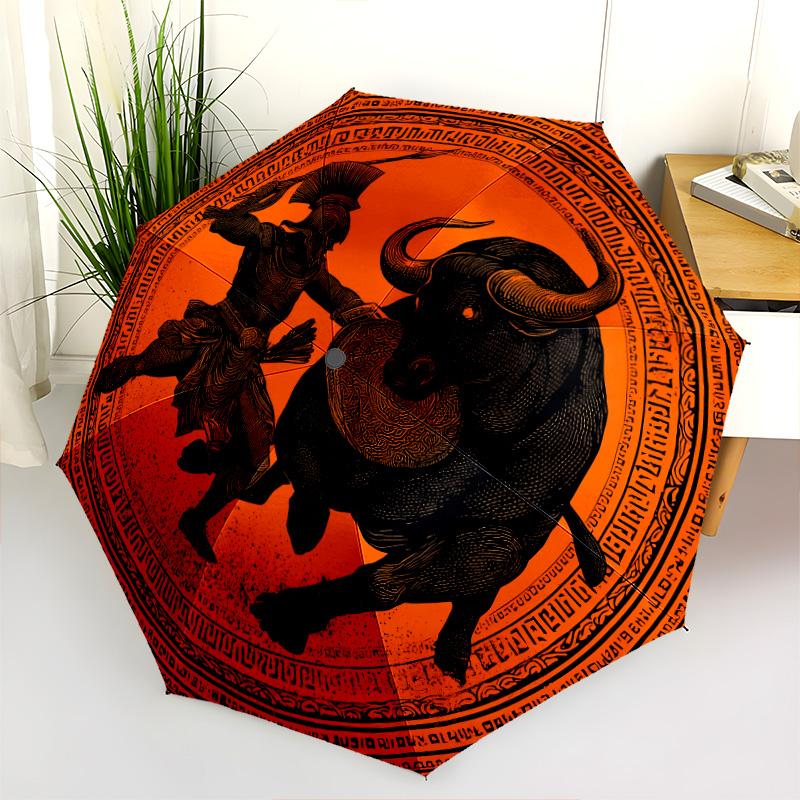 Warrior Cow pattern, automatic folding umbrella, portable and foldable design, 8 ribs, a Christmas or birthday gift.