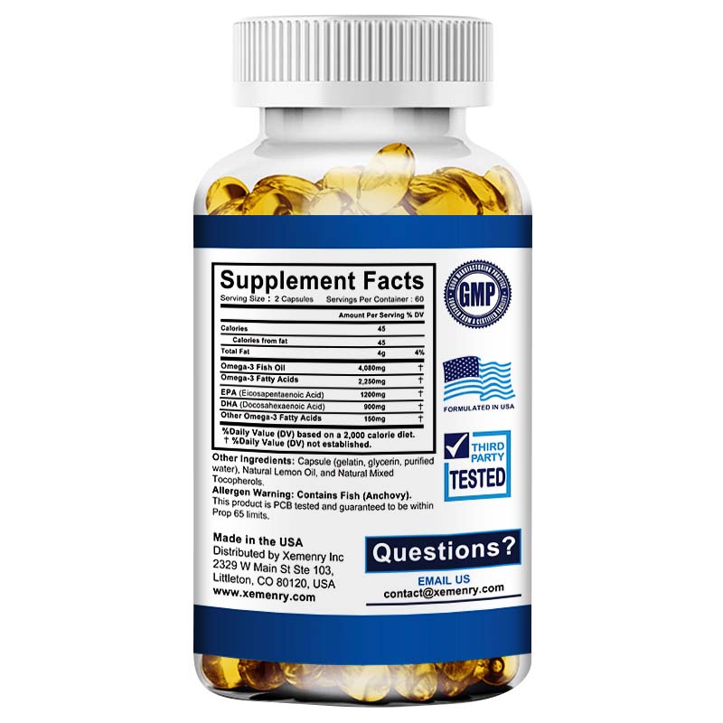 Premium Omega-3 fish oil capsules, rich in EPA 1200mg + DHA 900mg, promote brain, heart and eye health, and boost immunity.