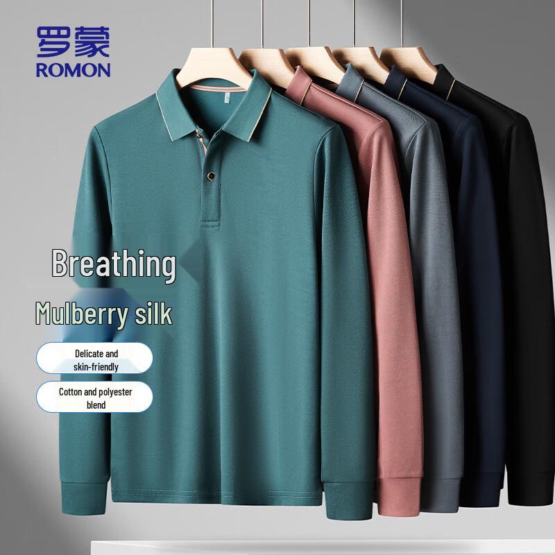 ROMON Men's Solid Polo Business Casual Long Sleeve T-Shirt