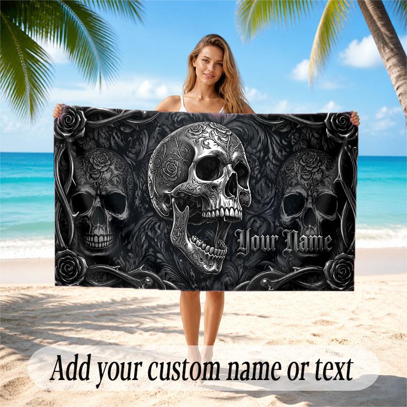 Skull Gothic Theme Beach Towel Personalized Custom Name & Text Soft Quick Dry Beach Towel for Swimming Travel