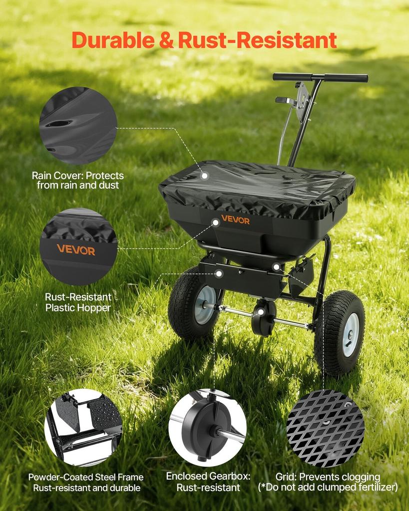 Walk-Behind Spreader, 3.66m Spreading Width, Push Broadcast Spreader with 13" All-Terrain Tires, Adjustable Flow Control, 59kg Capacity Hopper, Lawn
